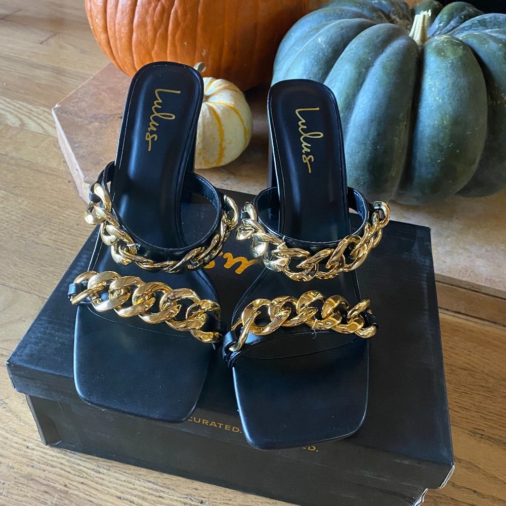 Crissie Black Chain High Heel Slide Sandals